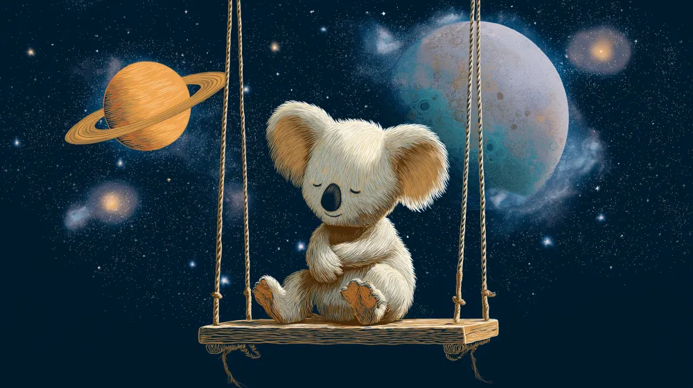 Lastenhuoneen tapetti | Unelias koala avaruudessa värikkäiden planeettojen kanssa