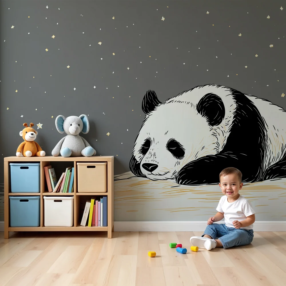 Lastenhuoneen tapetti | Unelmoiva panda nukkuu tähtien alla