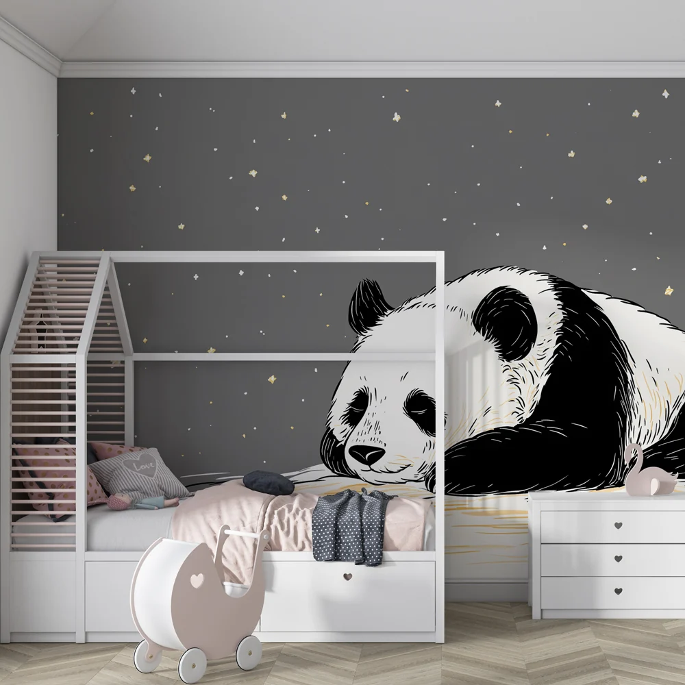 Lastenhuoneen tapetti | Unelmoiva panda nukkuu tähtien alla