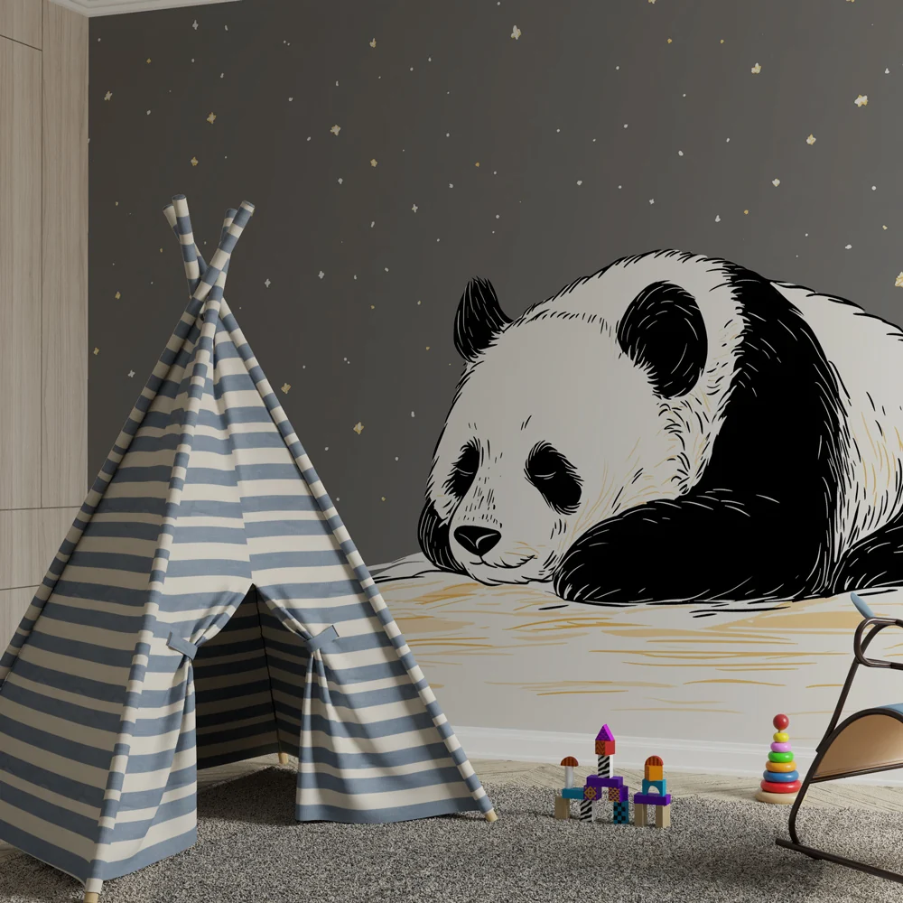 Lastenhuoneen tapetti | Unelmoiva panda nukkuu tähtien alla