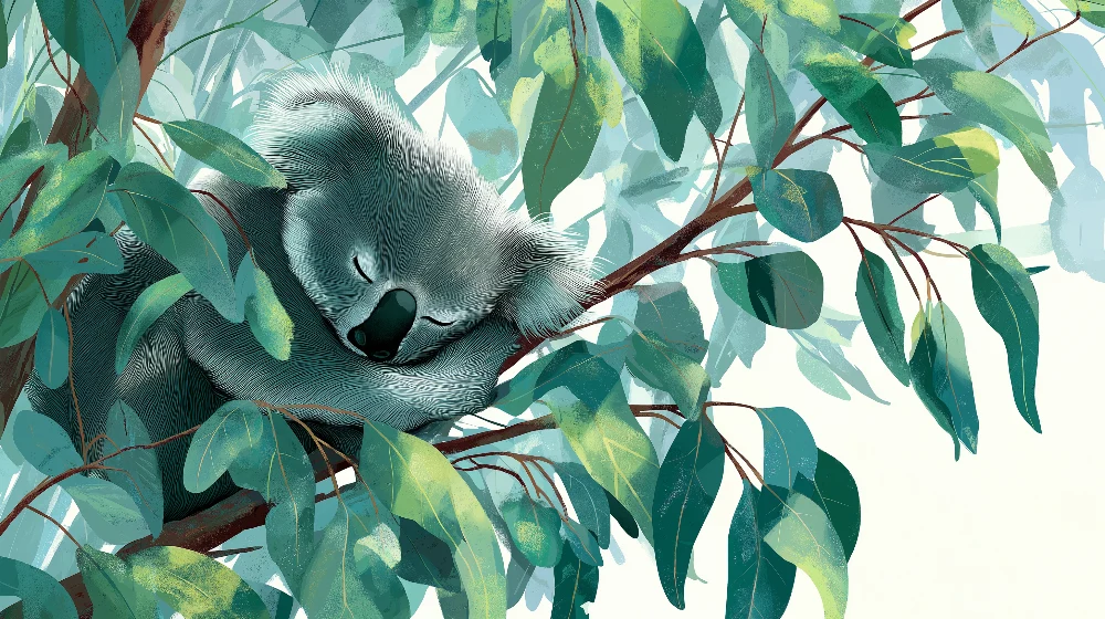 Lastenhuoneen tapetti | Uninen koala eukalyptuslehtien keskellä