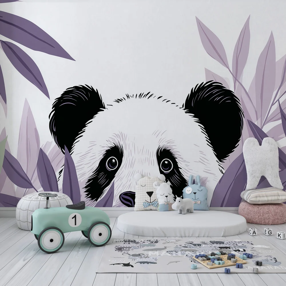 Lastenhuoneen tapetti | Utelias panda lehtien keskellä