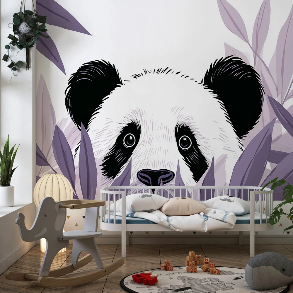 Lastenhuoneen tapetti | Utelias panda lehtien keskellä