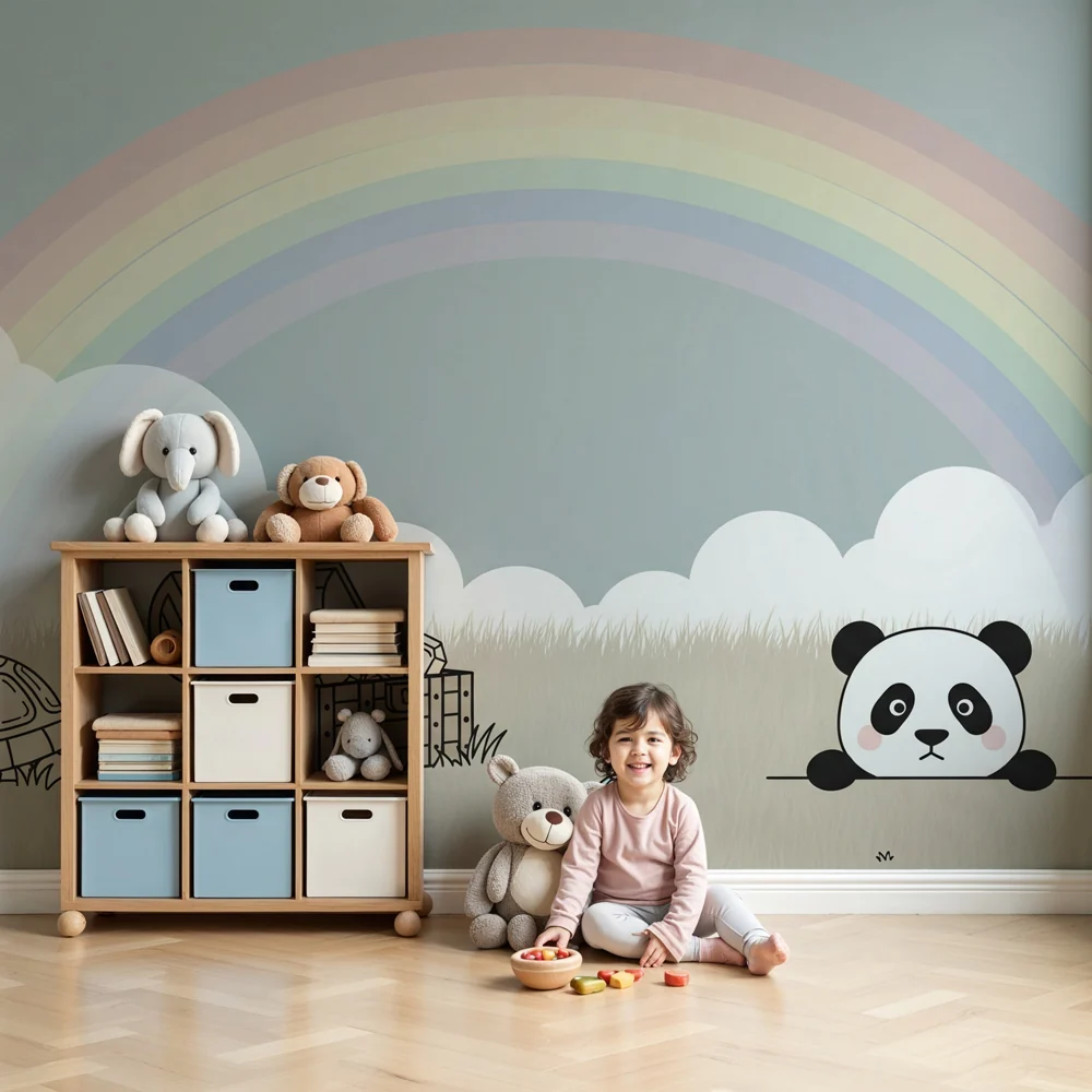 Lastenhuoneen tapetti | Utelias panda ja luonnon aarteet