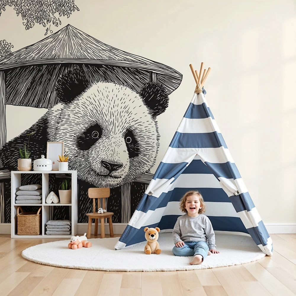 Lastenhuoneen tapetti | Utelias panda suojassa