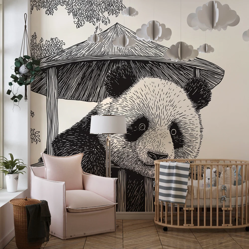 Lastenhuoneen tapetti | Utelias panda suojassa