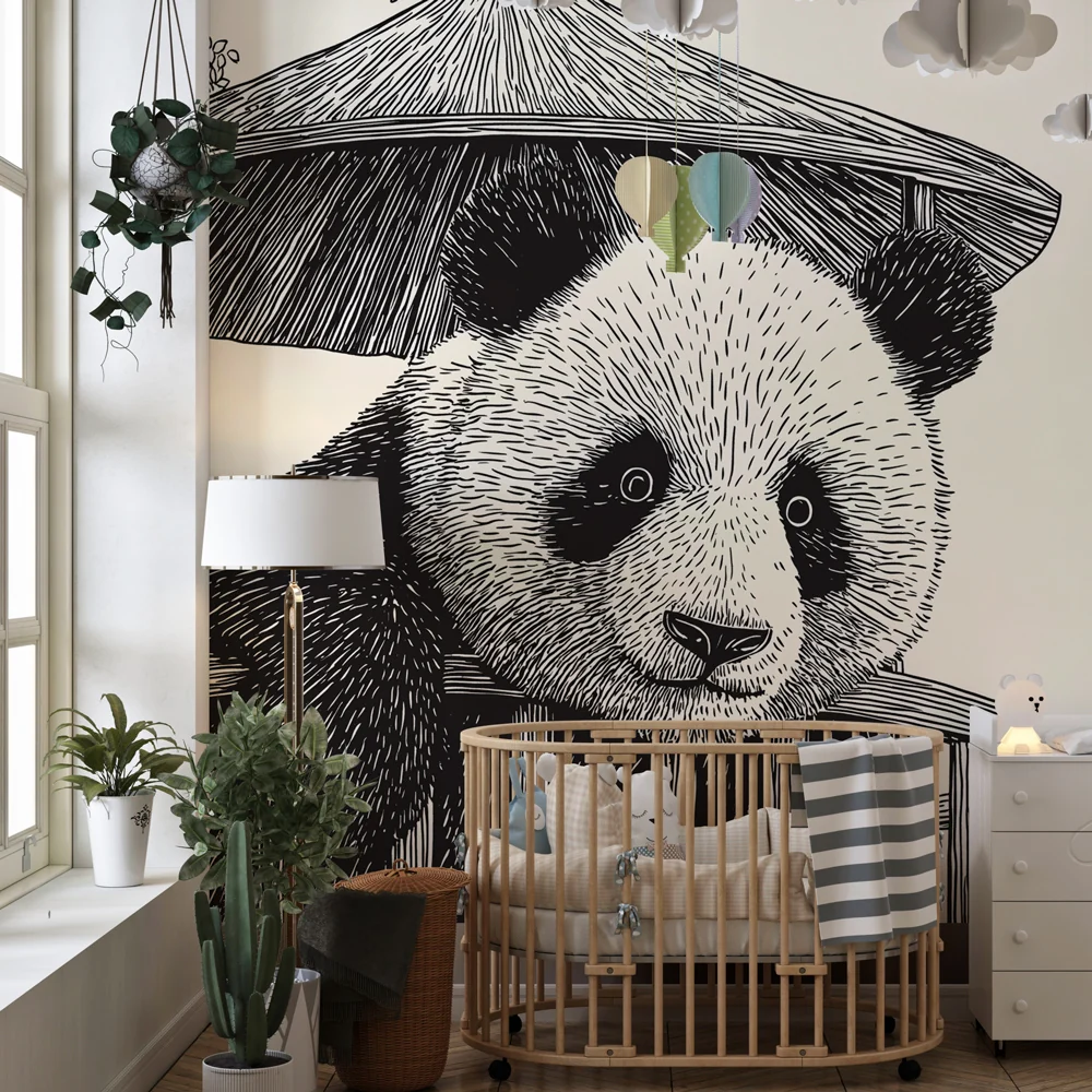 Lastenhuoneen tapetti | Utelias panda suojassa