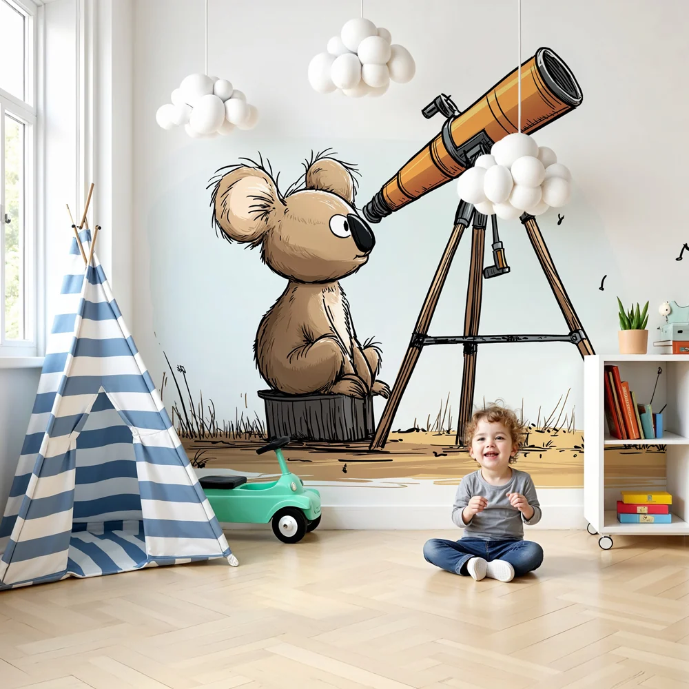 Lastenhuoneen tapetti | Utelias pieni koala ja kaukoputki