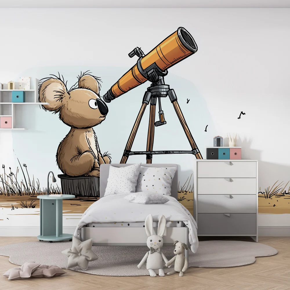 Lastenhuoneen tapetti | Utelias pieni koala ja kaukoputki