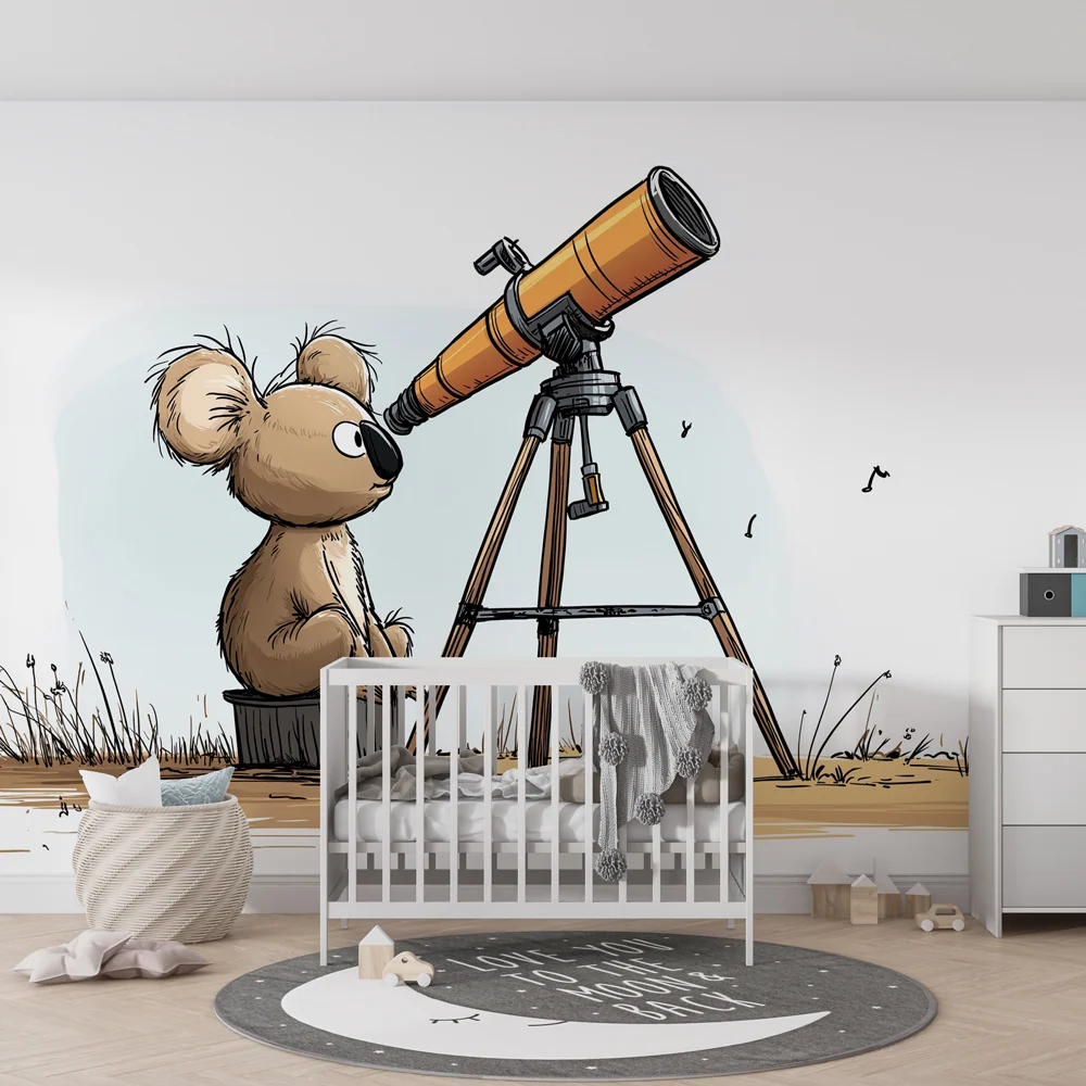 Lastenhuoneen tapetti | Utelias pieni koala ja kaukoputki