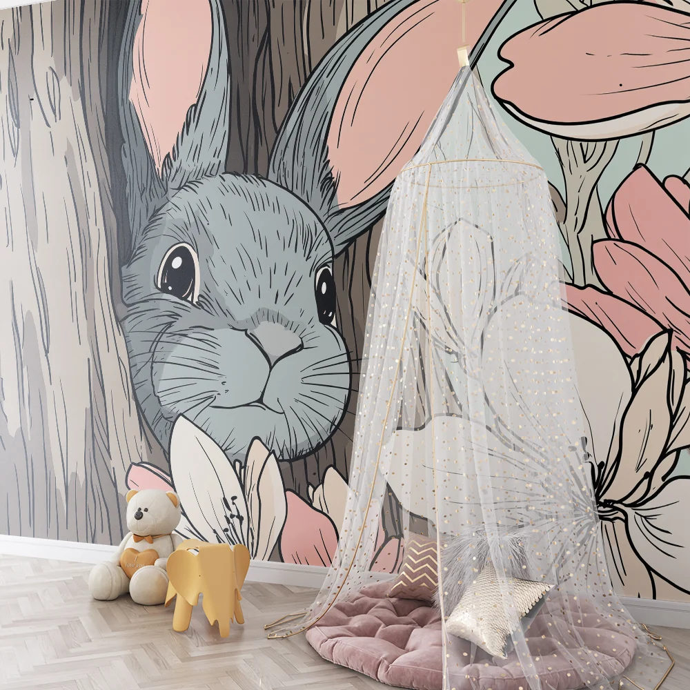Lastenhuoneen tapetti | Utelias pupu kukkivassa puussa