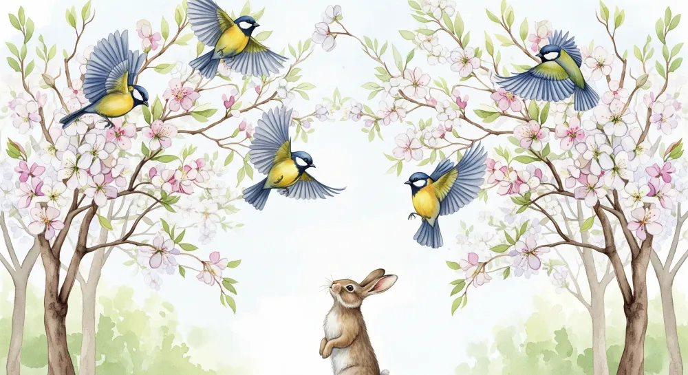 Lastenhuoneen tapetti | Utelias pupu lintujen keskellä kukkien keskellä