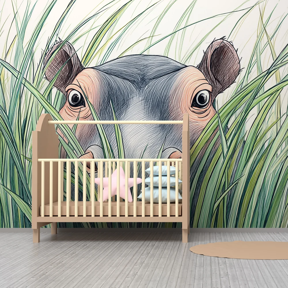 Lastenhuoneen tapetti | Utelias virtahepo savannilla