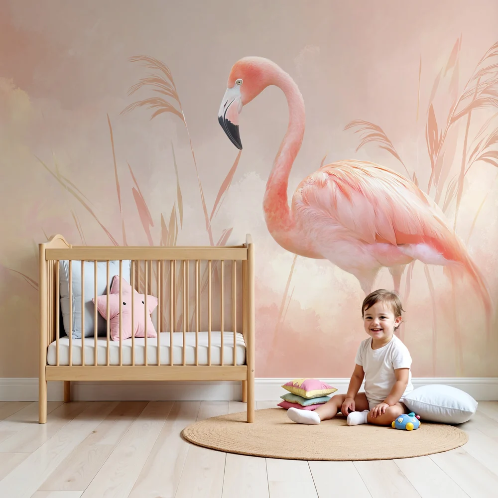 Lastenhuoneen tapetti | Vaaleanpunainen flamingo ja lempeät maisemat