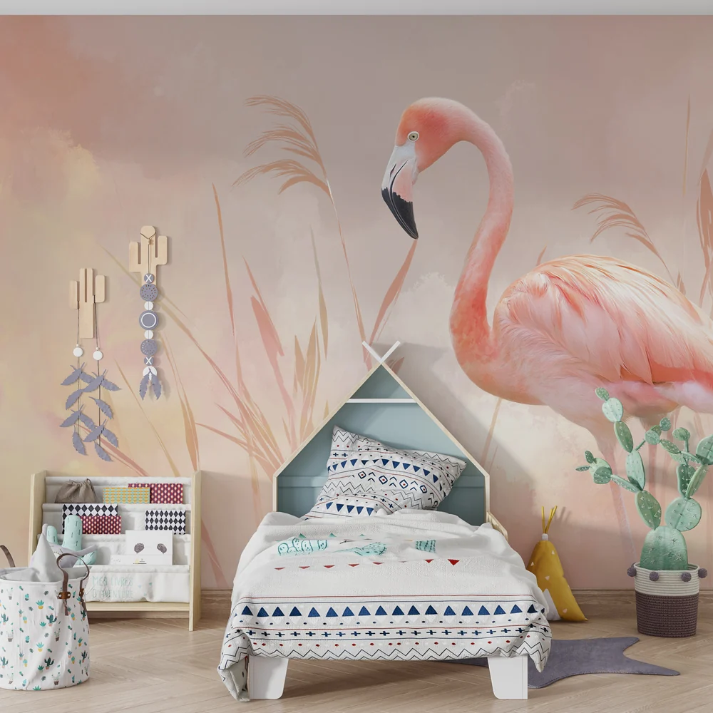 Lastenhuoneen tapetti | Vaaleanpunainen flamingo ja lempeät maisemat