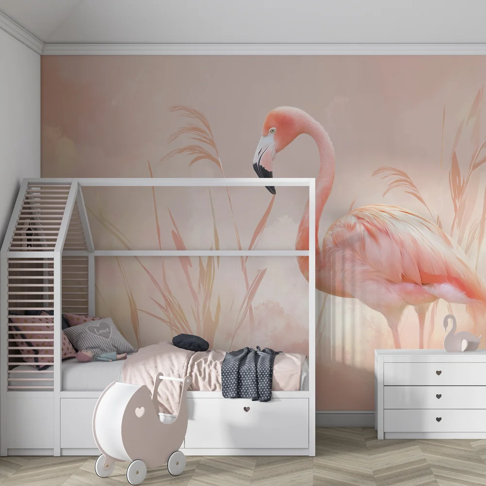 Lastenhuoneen tapetti | Vaaleanpunainen flamingo ja lempeät maisemat