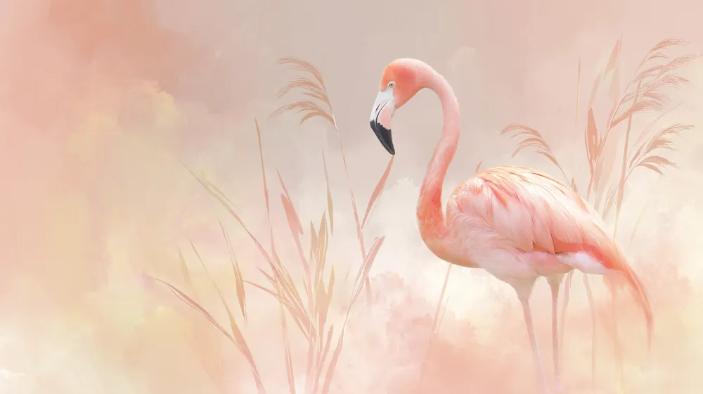 Lastenhuoneen tapetti | Vaaleanpunainen flamingo ja lempeät maisemat