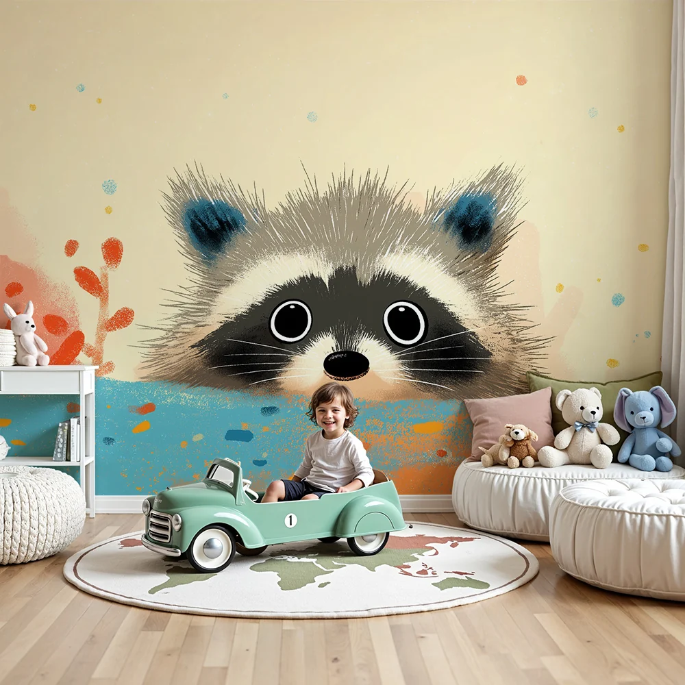 Lastenhuoneen tapetti | Vilkas pesukarhu värikkäässä ympäristössä
