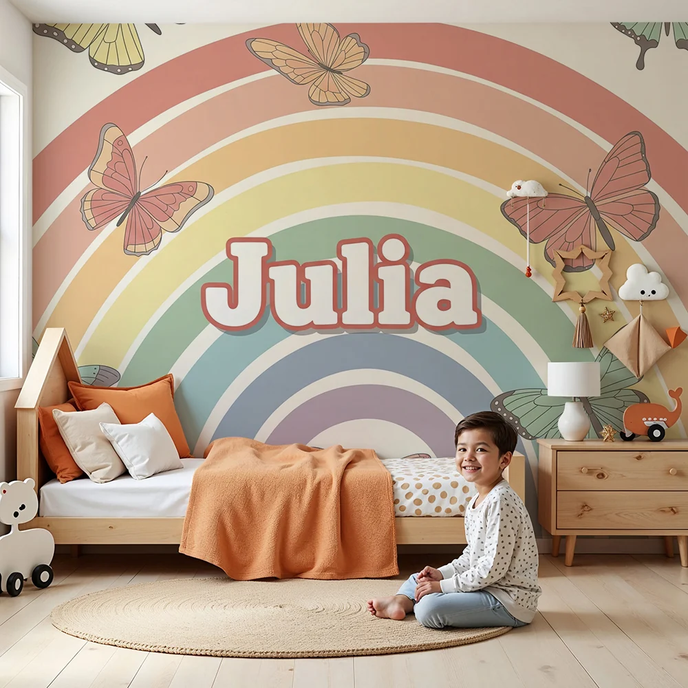 Lastenhuoneen tapetti | Värikkäät perhoset sateenkaaren taustalla Julia