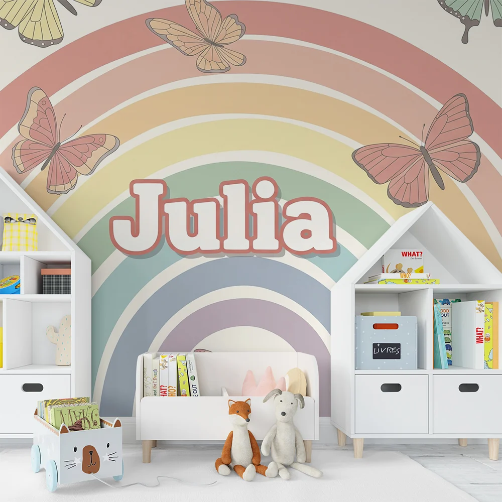 Lastenhuoneen tapetti | Värikkäät perhoset sateenkaaren taustalla Julia