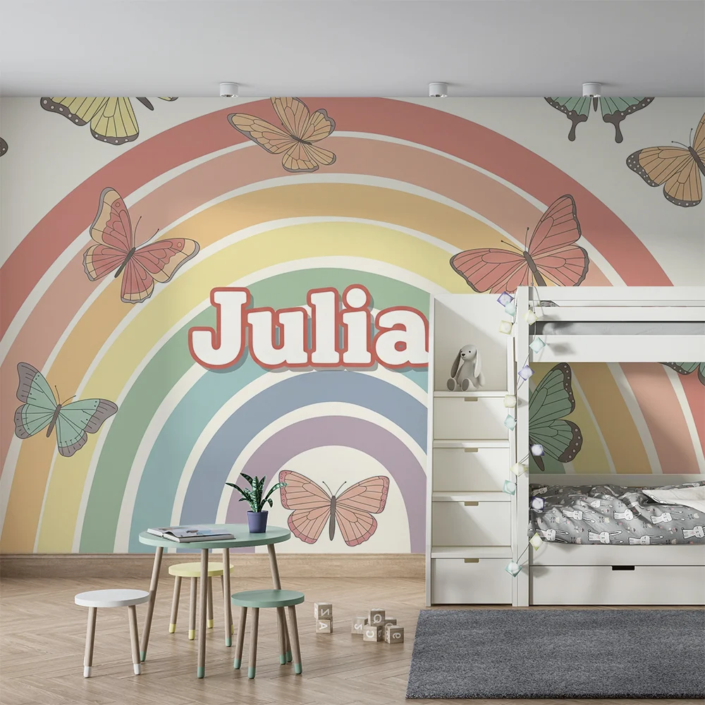 Lastenhuoneen tapetti | Värikkäät perhoset sateenkaaren taustalla Julia
