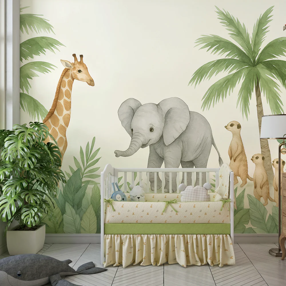 Lastenhuoneen tapetti | Värikäs safarikuosi elefanteilla ja kirahveilla