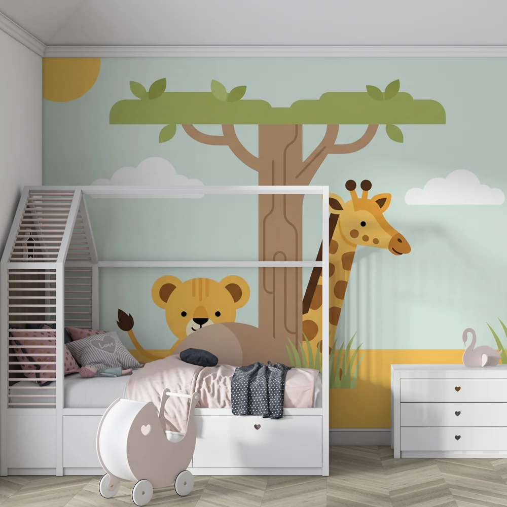Lastenhuoneen tapetti | Värikäs safarikuosi ystävällisillä eläimillä