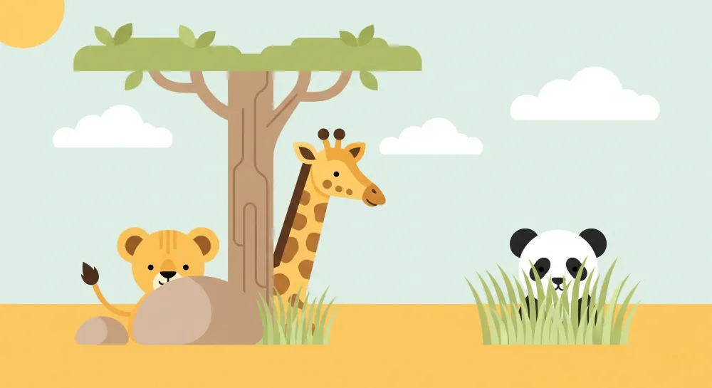 Lastenhuoneen tapetti | Värikäs safarikuosi ystävällisillä eläimillä
