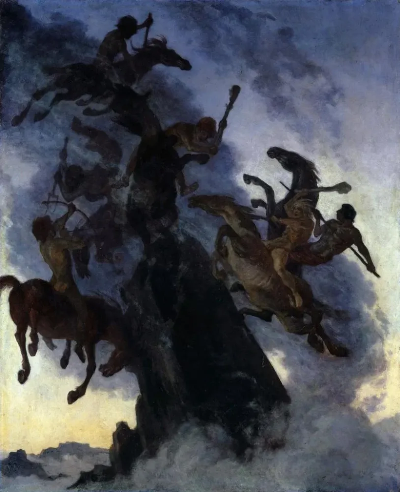 Maalaus Cavaliers dans la brume - Albert Welti | Taidetuloste