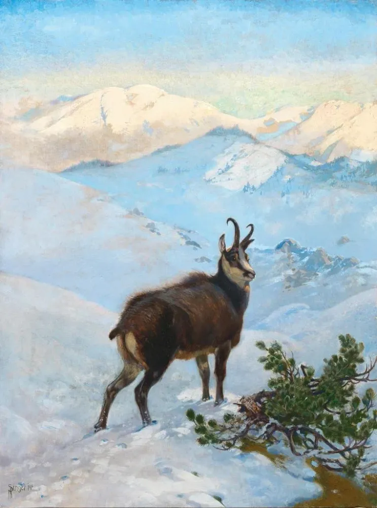 Maalaus Un chamois dans les montagnes - Albert Singer | Taidetuloste