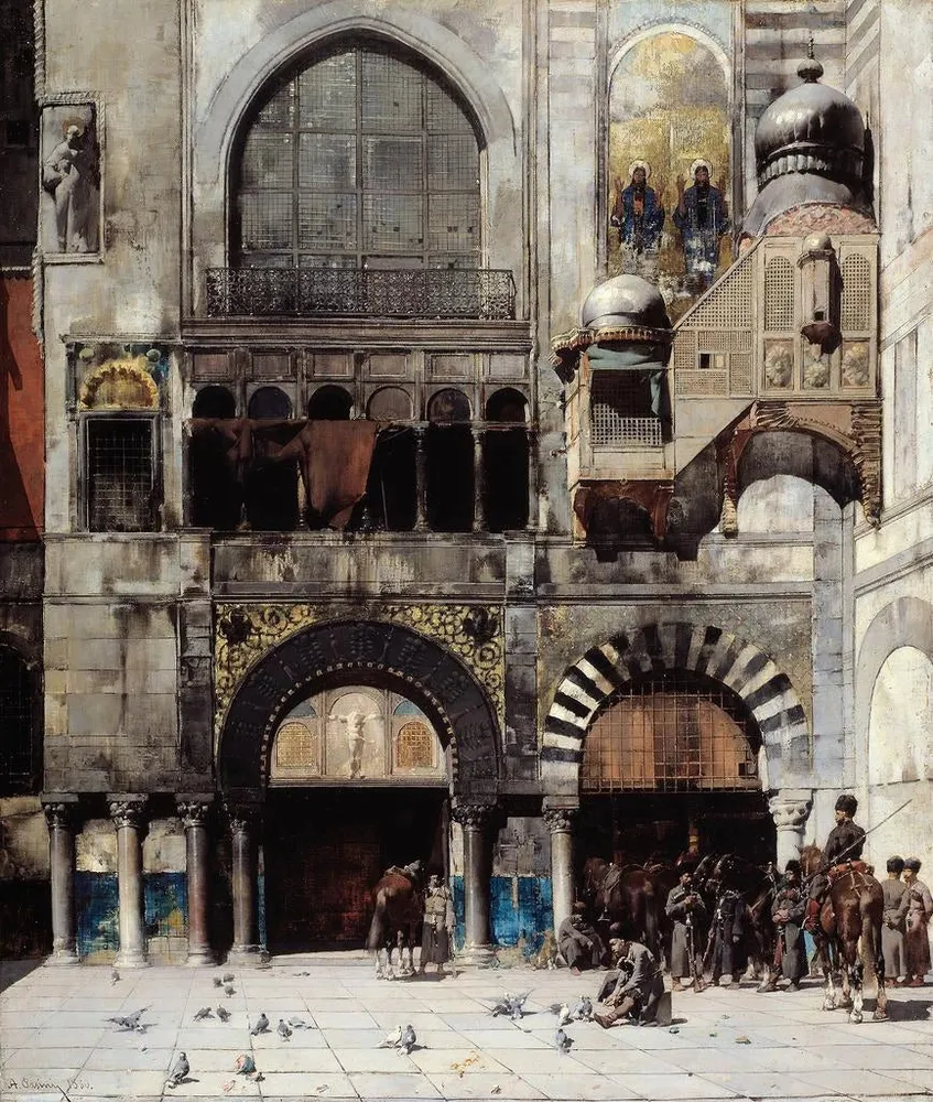 Maalaus Circassian ratsuväki odottaa komentajaansa byzantin monumentin ovella - Alberto Pasini | Taidetuloste