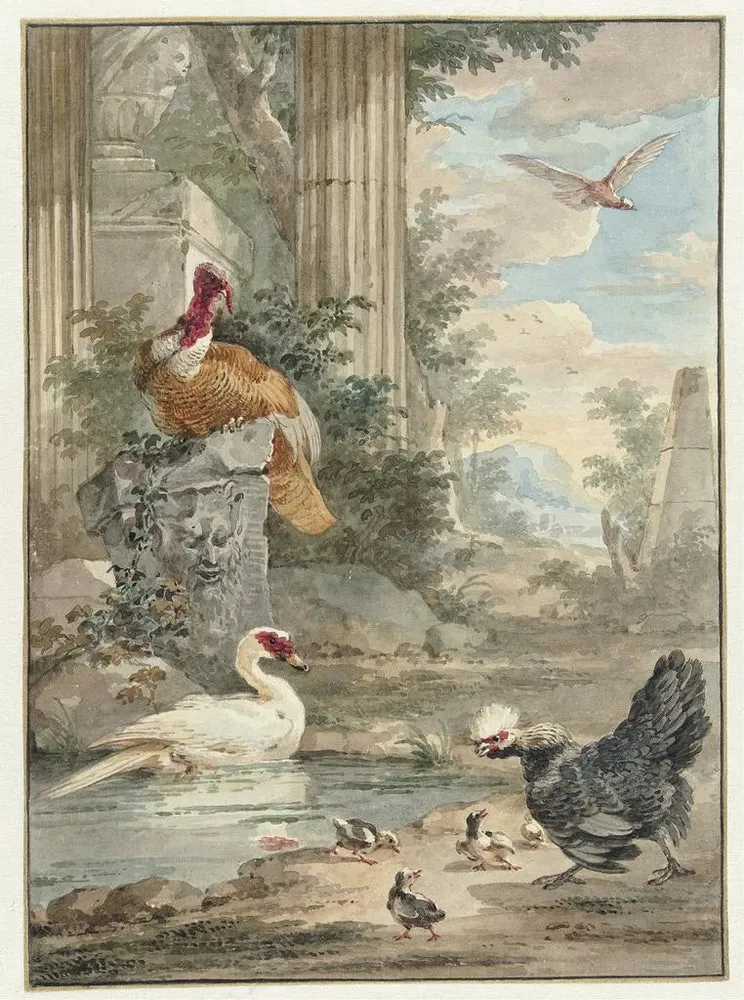 Maalaus Dindon et autres oiseaux près des ruines classiques d'un parc - Aert Schouman | Taidetuloste