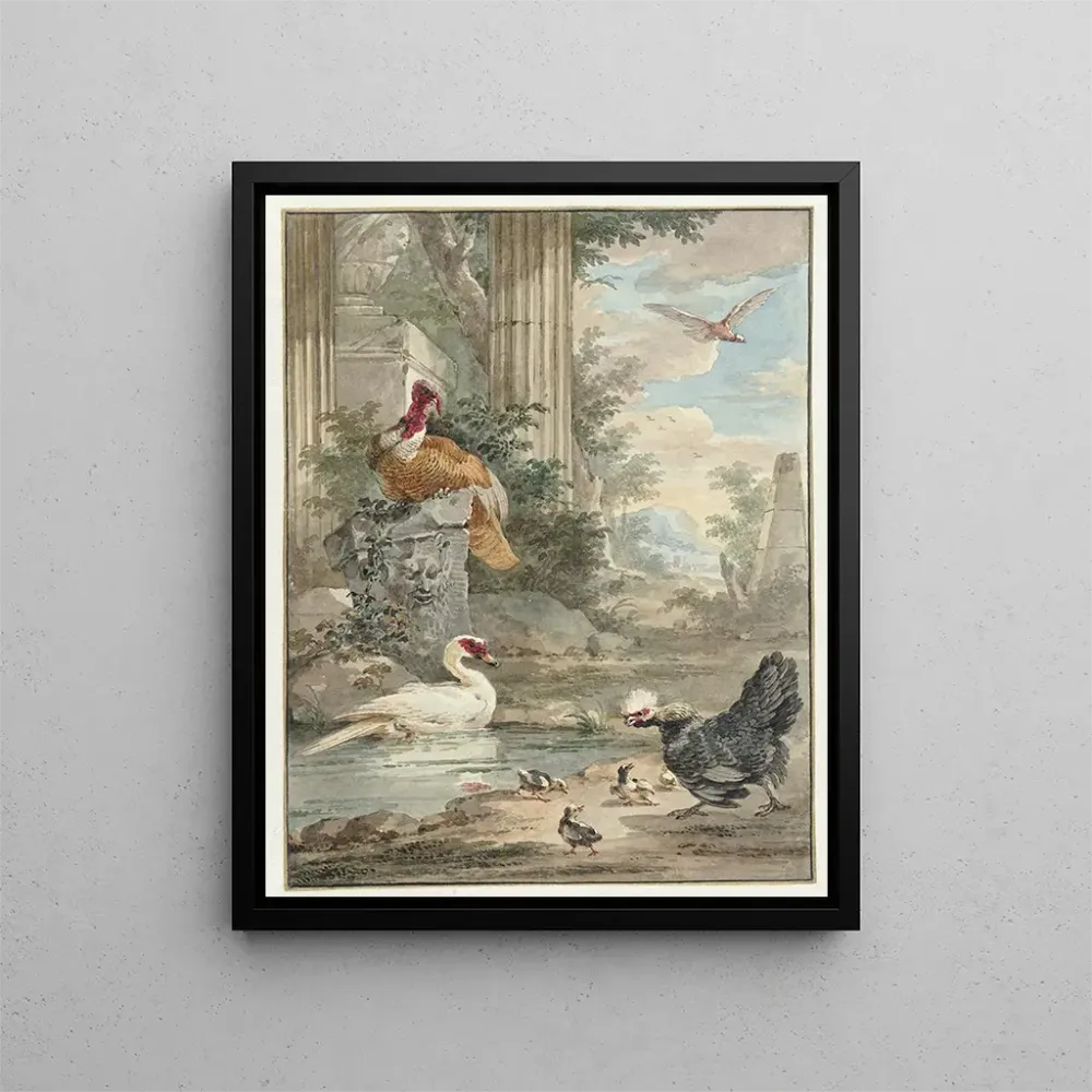 Maalaus Dindon et autres oiseaux près des ruines classiques d'un parc - Aert Schouman | Taidetuloste
