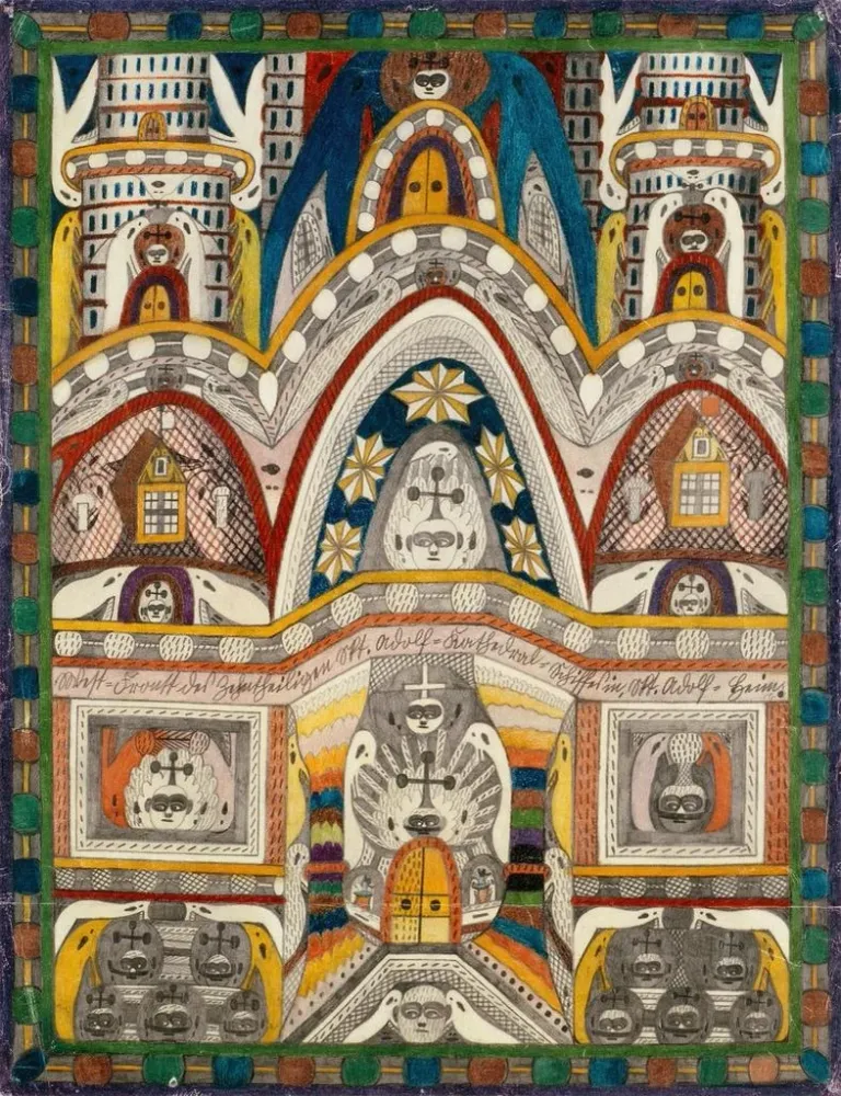 Maalaus Façade ouest du navire de la cathédrale Saint-Adolf de la Dîme dans la maison Saint-Adolf - Adolf Wölfli | Taidetu...