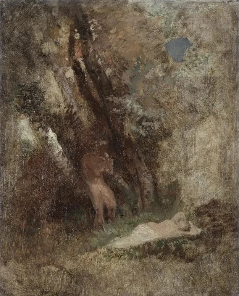 Maalaus Faune et nymphe dans les bois - Arnold Böcklin | Taidetuloste