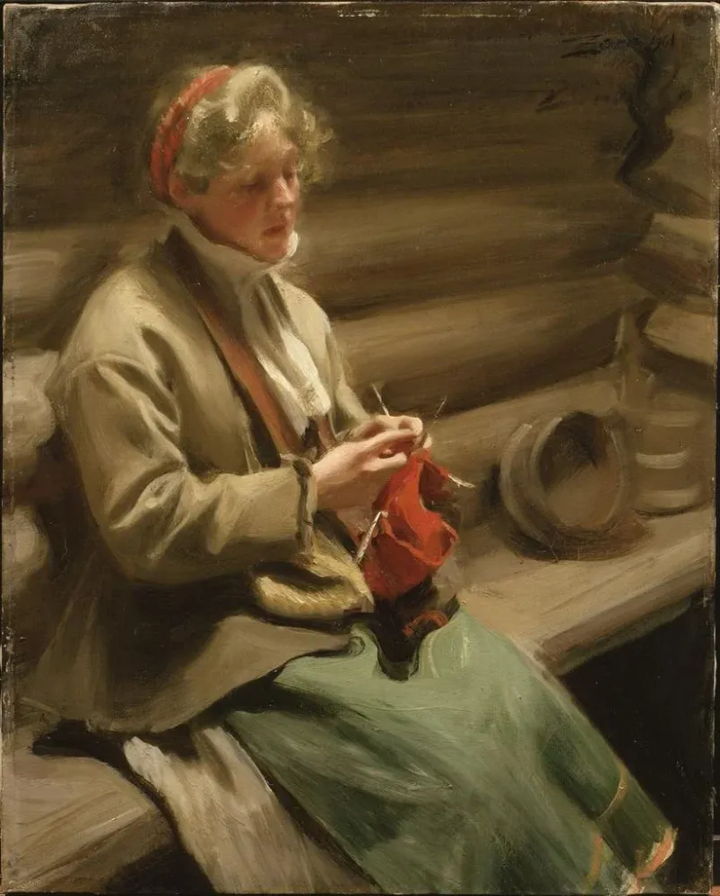 Maalaus Fille dalécarlienne tricotant du chou Margit - Anders Zorn | Taidetuloste