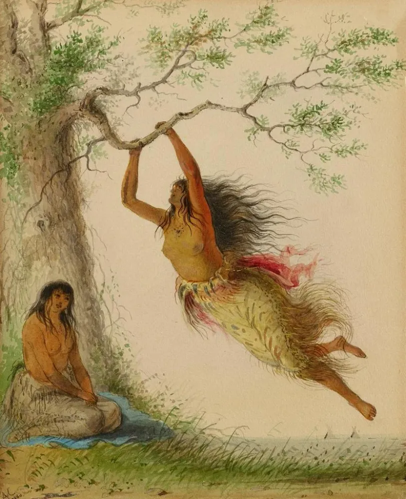 Maalaus Filles indiennes se balançant - Alfred Jacob Miller | Taidetuloste