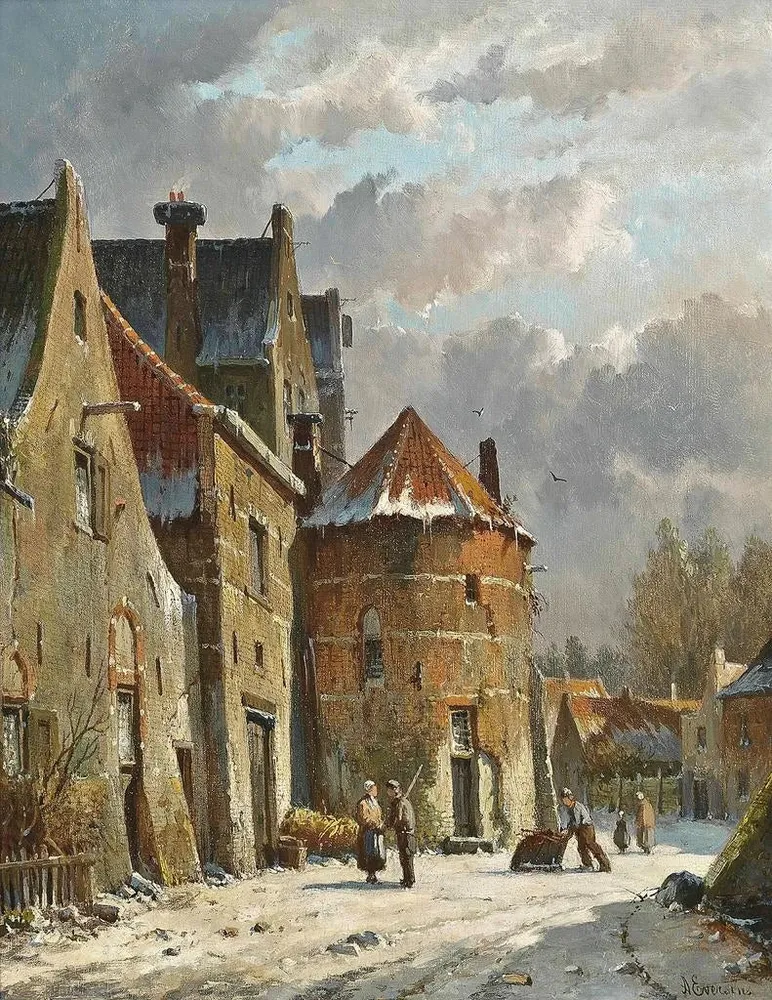 Maalaus Henkilöhahmoja hollantilaisella kadulla talvella - Adrianus Eversen | Taidetuloste