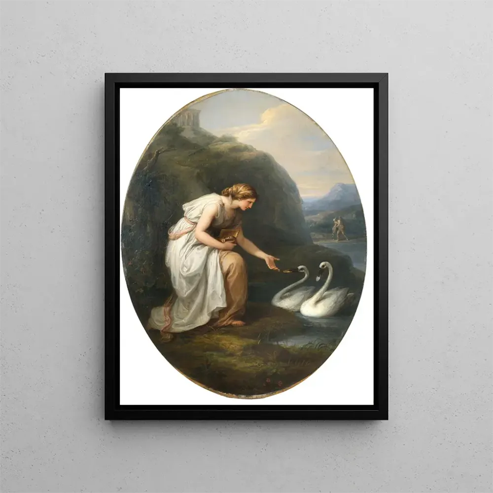 Maalaus Immortalia, kuolemattomuuden nymfi, saa nimikylteitä kahdesta joutsenesta - Angelica Kauffman | Taidetuloste