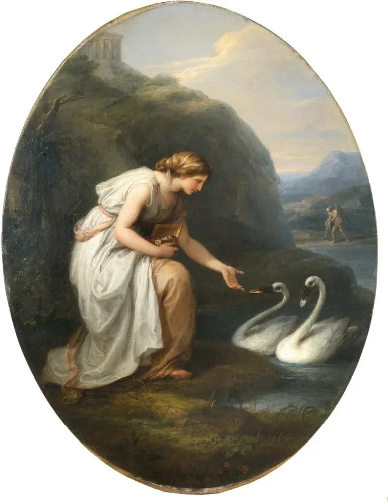 Maalaus Immortalia, kuolemattomuuden nymfi, saa nimikylteitä kahdesta joutsenesta - Angelica Kauffman | Taidetuloste