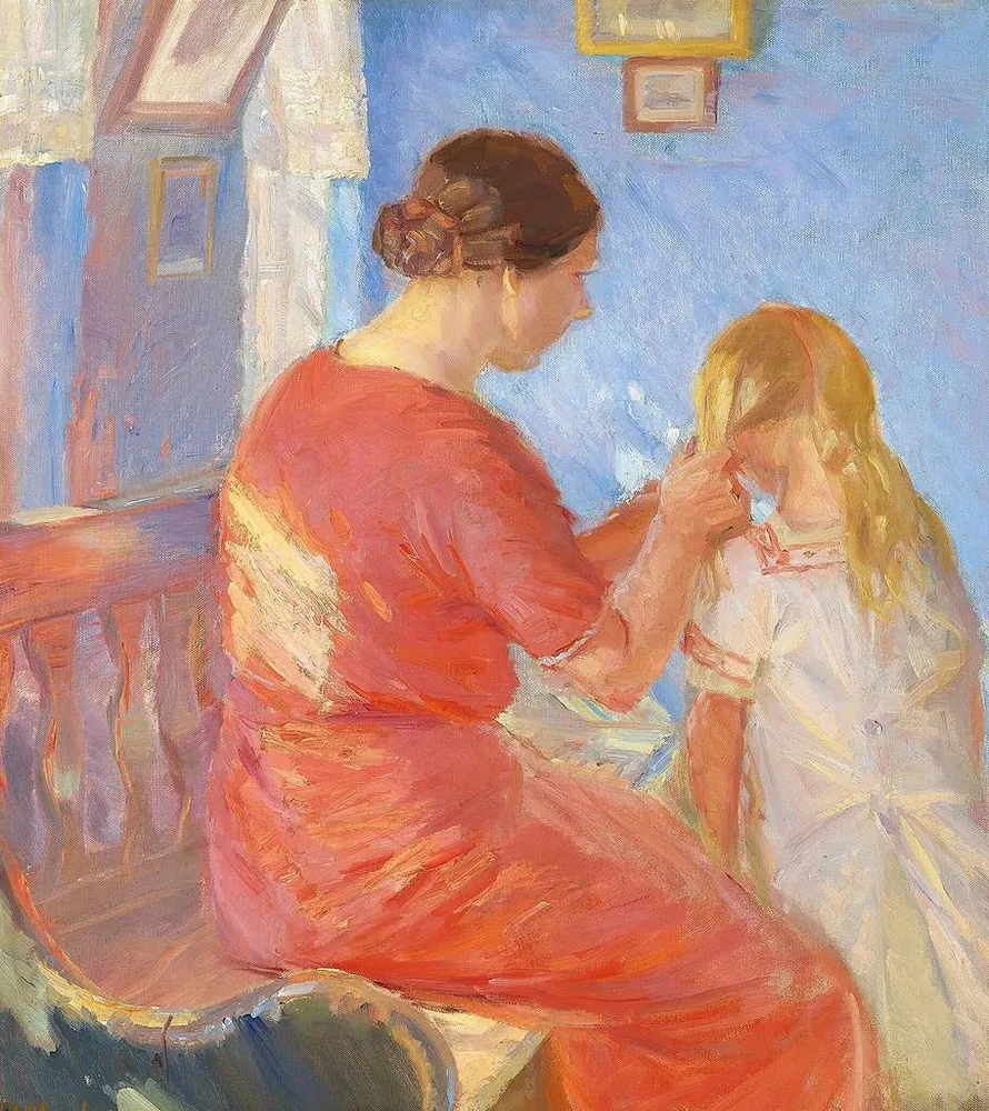 Maalaus Äiti punoo lapsen hiuksia - Anna Ancher | Taidetuloste