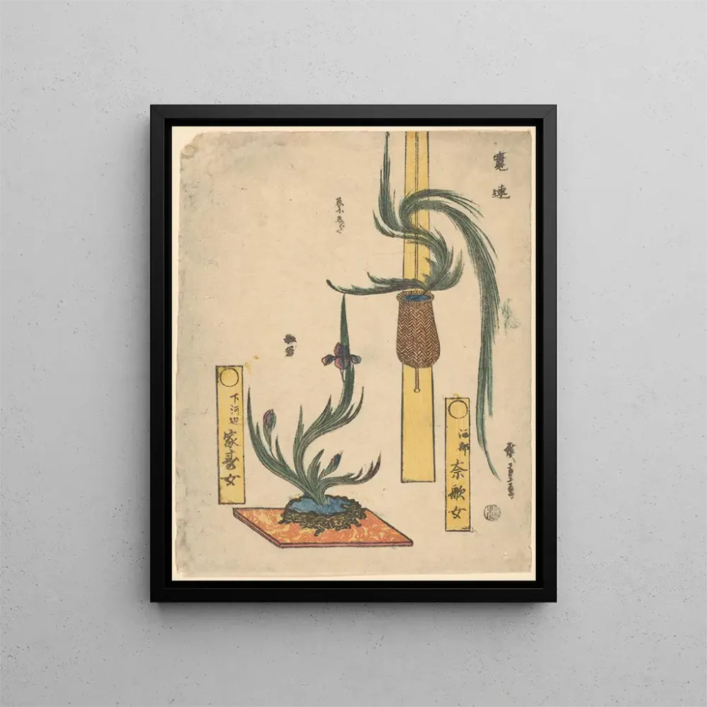 Maalaus Kukka-asetelma Puuastia ja iiris kivikulhossa - Andō Hiroshige | Taidetuloste