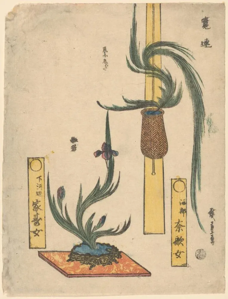 Maalaus Kukka-asetelma Puuastia ja iiris kivikulhossa - Andō Hiroshige | Taidetuloste