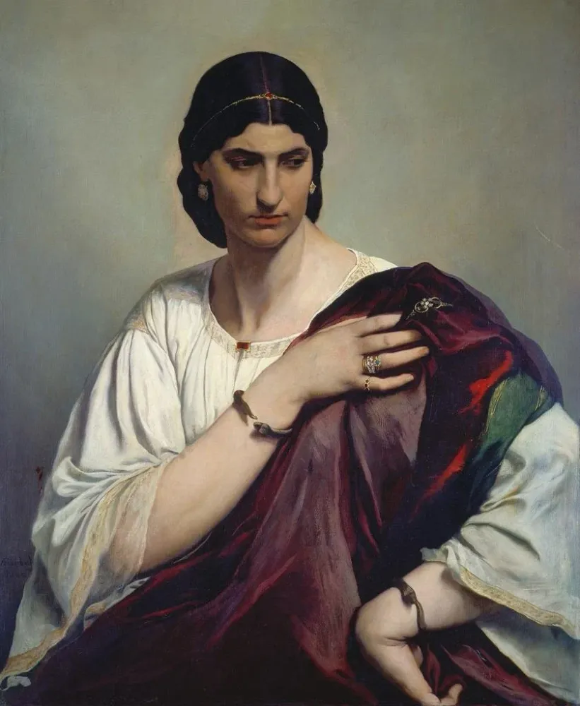 Maalaus Lucrèce Borgia - Romalaisen naisen muotokuva valkoisessa tunikassa ja punaisessa mekossa - Anselm Feuerbach | Taid...