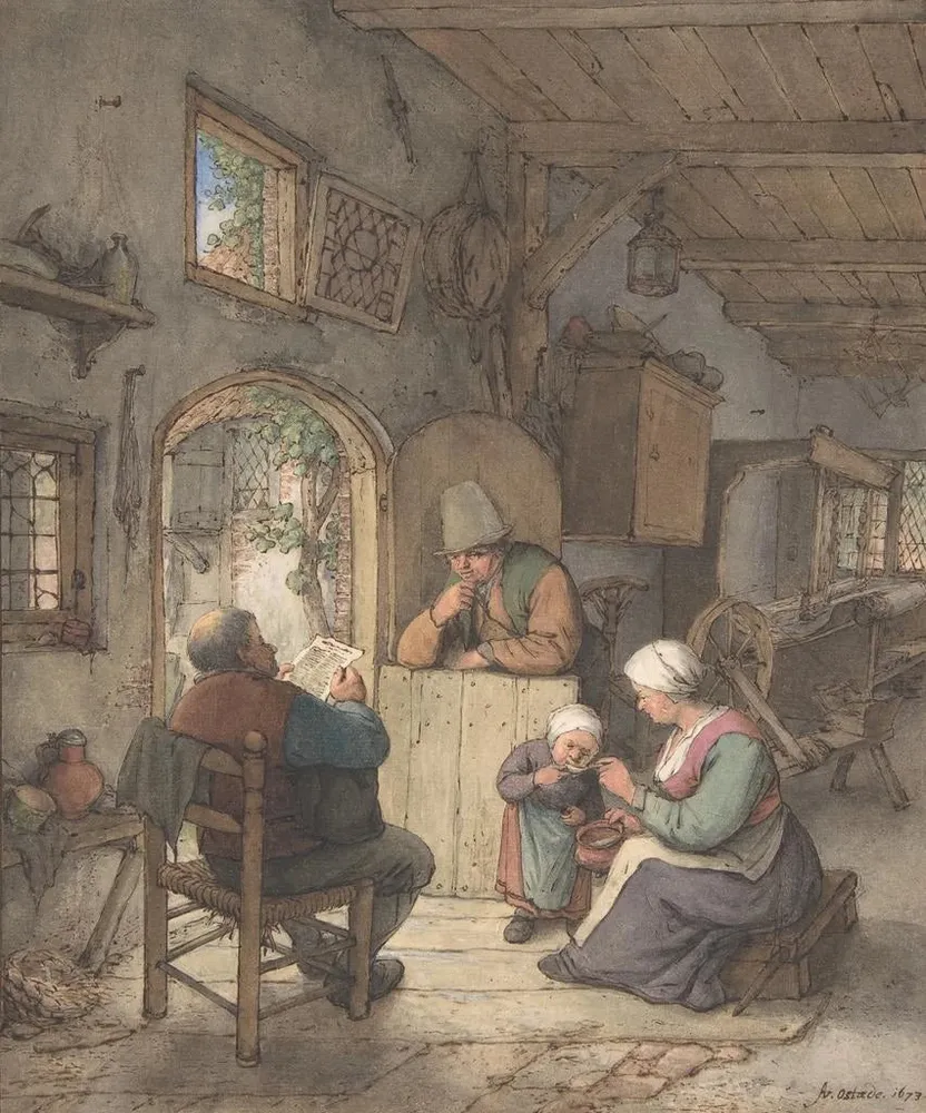 Maalaus Lukemassa uutisia Weavers Cottage - Adriaen van Ostade | Taidetuloste