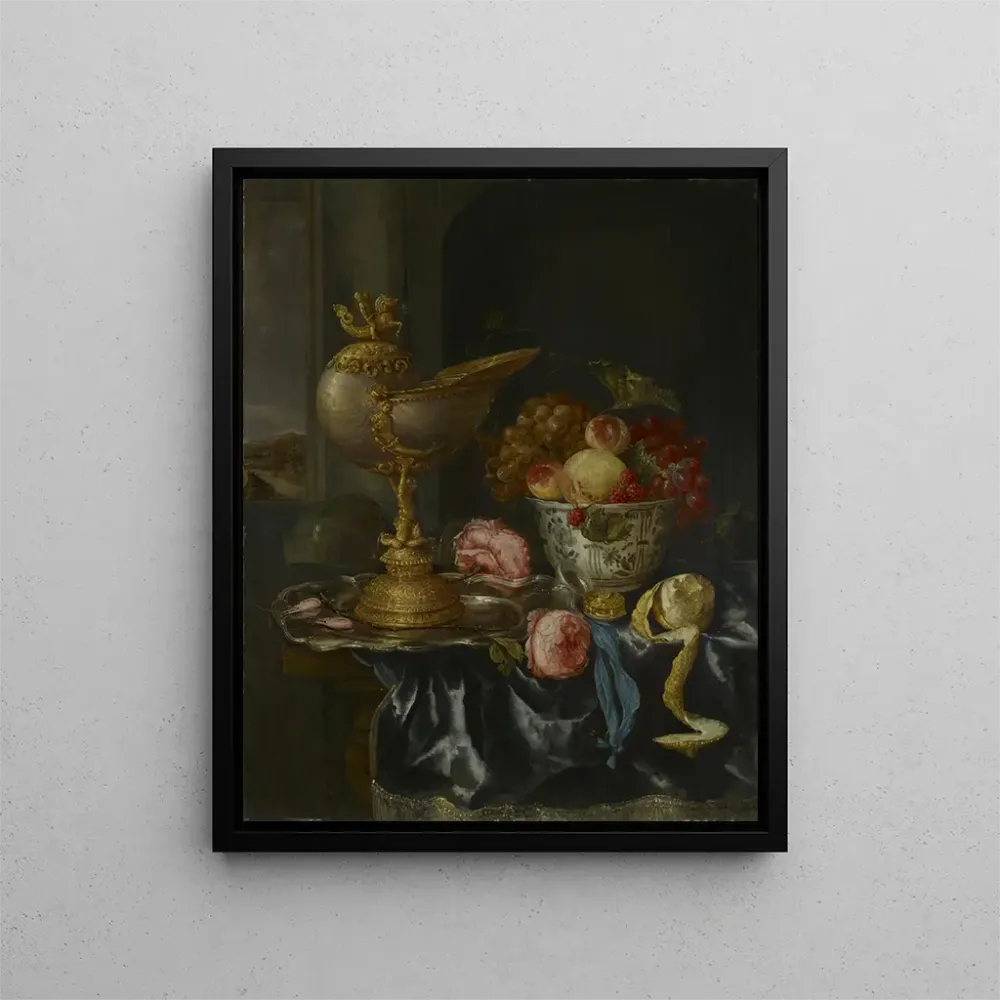 Maalaus luonnollinen kuollut ruokailu lautasella ja nautilus-kupilla - Abraham van Beyeren | Taidetuloste