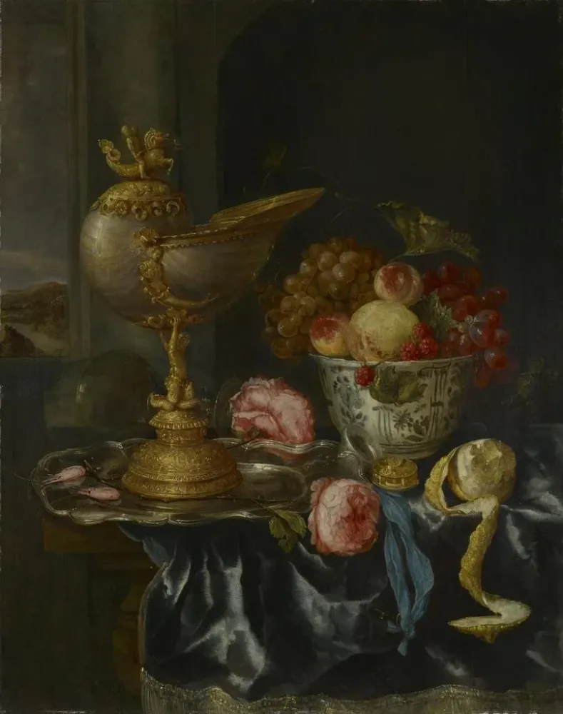 Maalaus luonnollinen kuollut ruokailu lautasella ja nautilus-kupilla - Abraham van Beyeren | Taidetuloste