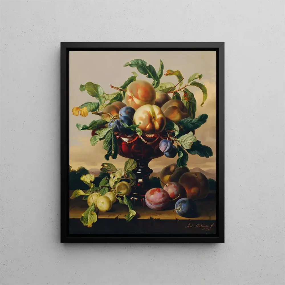 Maalaus luonnollisesta still life - persikoita ja luumuja punaisessa lasikulhossa - Anton Hartinger | Taidetuloste