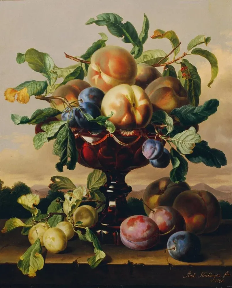 Maalaus luonnollisesta still life - persikoita ja luumuja punaisessa lasikulhossa - Anton Hartinger | Taidetuloste