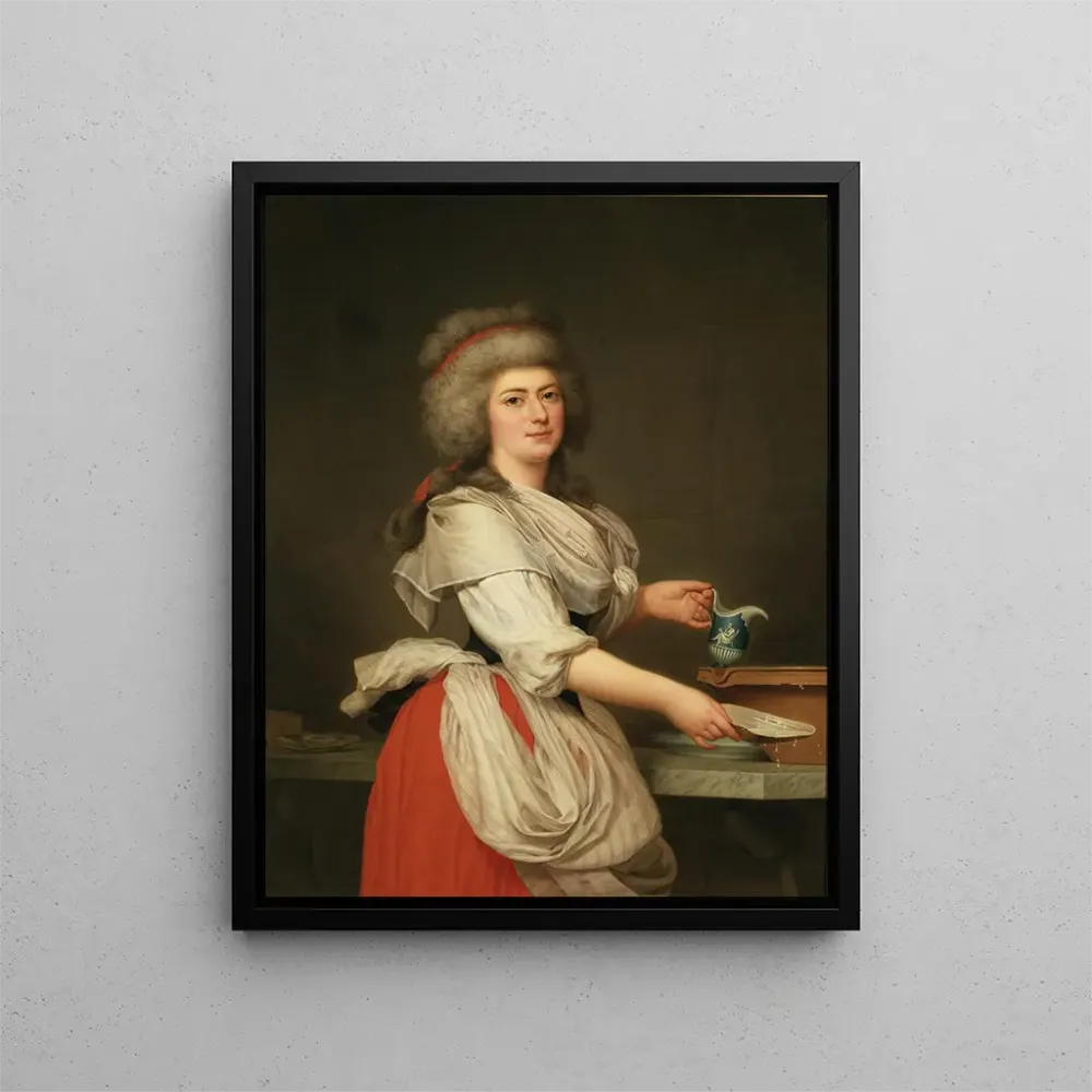 Maalaus Madame . Aughi, kuningatar Marie-Antoinetten ystävä, maitotyttönä Trianonin kuninkaallisessa maitokellarissa - Ado...